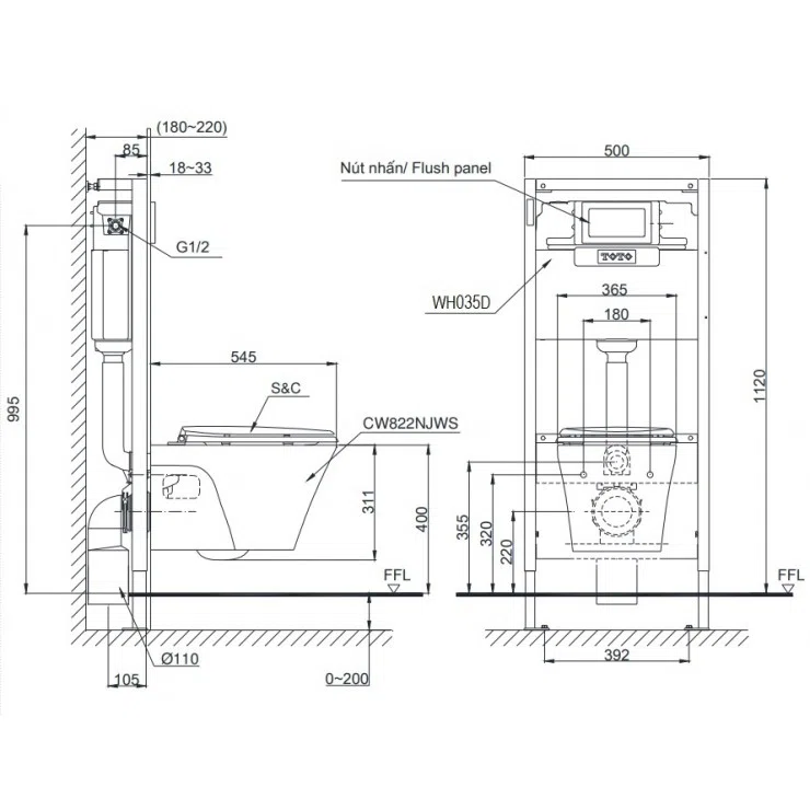 Bồn cầu treo tường TOTO CW822NJWS/WH035D/MB005DCP