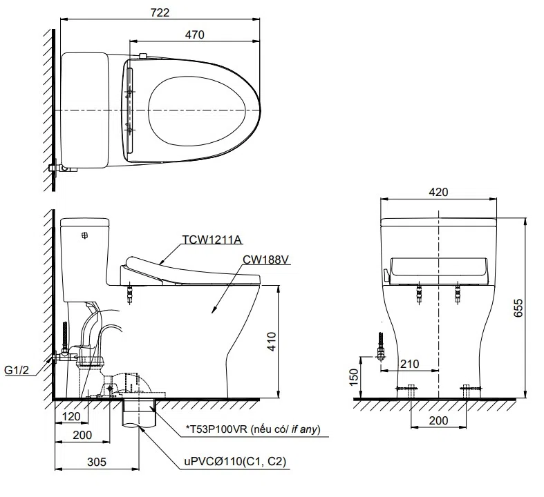 Bản vẽ kỹ thuật của bồn cầu 1 khối MS188VKE4