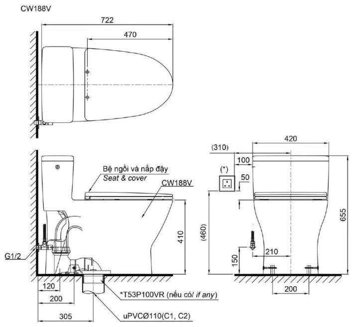 Bồn Cầu 1 Khối Nắp Rửa Điện Tử TOTO MS188VKW6#XW