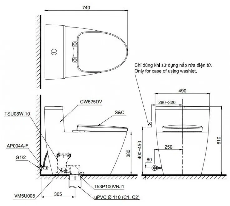 Bồn Cầu 1 Khối Nắp Rửa Cơ TOTO MS625DE4#XW