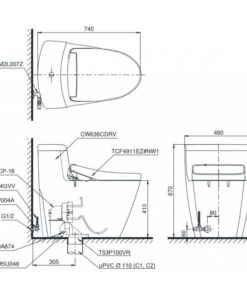 Bản vẽ kĩ thuật Bồn Cầu 1 Khối TOTO Nắp Rửa Điện Tử MS636CDRW12#XW