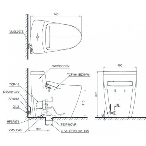 Bản vẽ kĩ thuật Bồn Cầu 1 Khối TOTO Nắp Rửa Điện Tử MS636CDRW12#XW