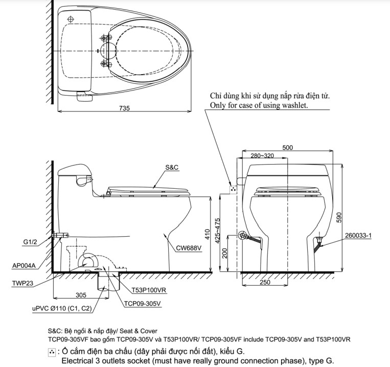 Bản vẽ kĩ thuật của Bồn Cầu 1 Khối Nắp Rửa Điện Tử TOTO MS688W14#XW