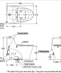 Bản vẽ kĩ thuật Bồn Cầu 1 Khối TOTO CW823RAT8/T53P100VR