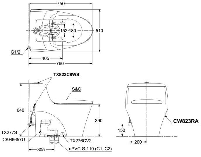 Bản vẽ kĩ thuật của Bồn Cầu 1 Khối Nắp Rửa Điện Tử TOTO CW823REAW12#W