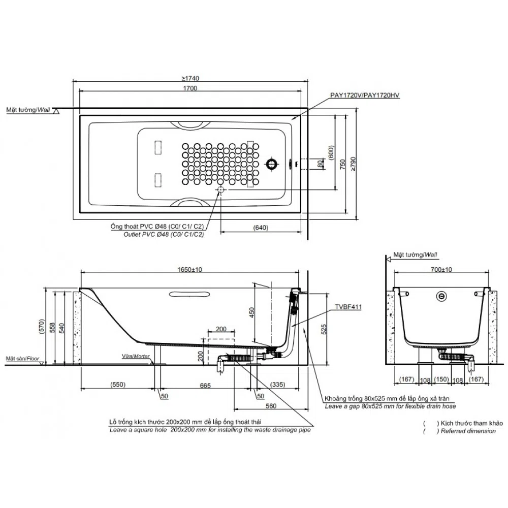 Bồn tắm xây TOTO PAY1720HV#W/TVBF411