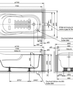Bản vẽ kỹ thuật của bồn tắm TOTO PAY1770DH/TVBF411