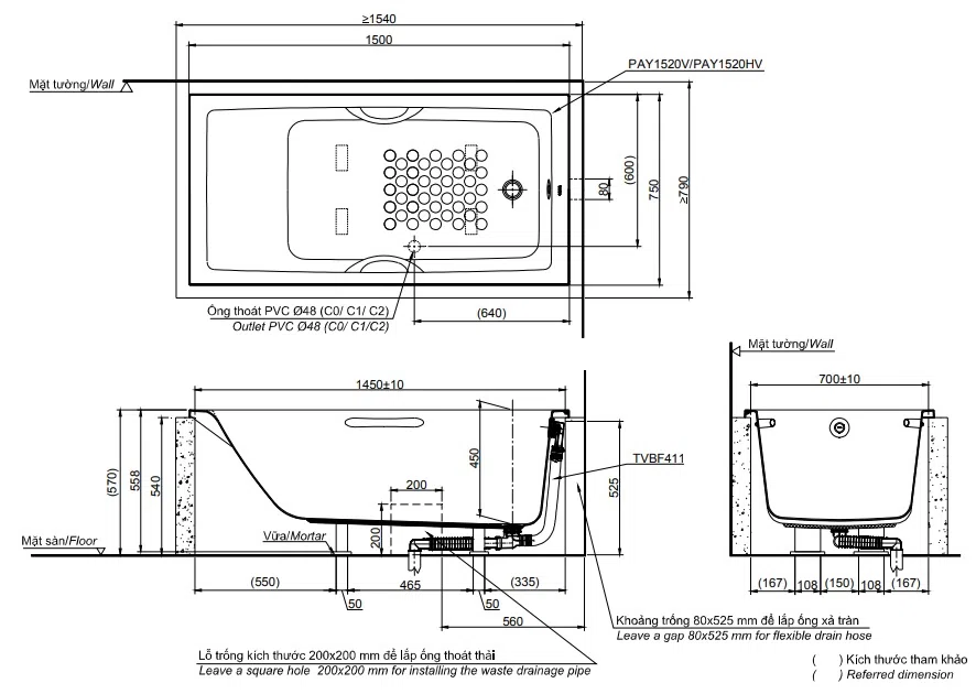 Bồn tắm xây TOTO PAY1520V#W/TVBF411