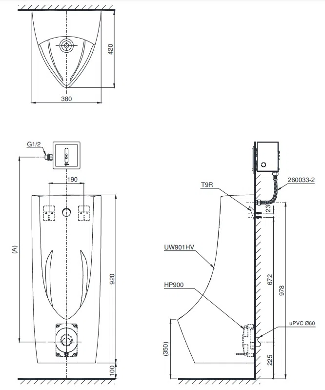 Bản vẽ kĩ thuật của Bồn Tiểu Nam TOTO UT901H#XW