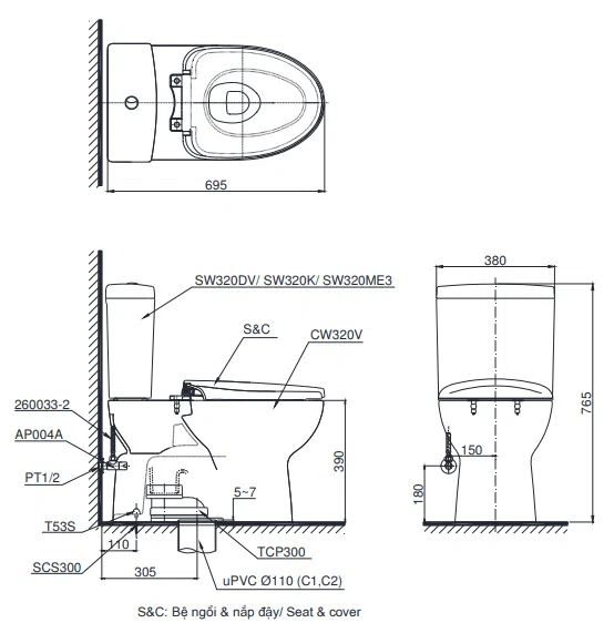 Bồn cầu 2 khối TOTO CS325DRW11#W, nắp Washlet