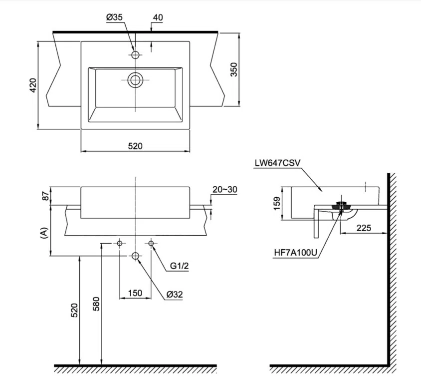 Bản vẽ kĩ thuật của Chậu Rửa Mặt Bán Âm Bàn TOTO LT647CS#XW