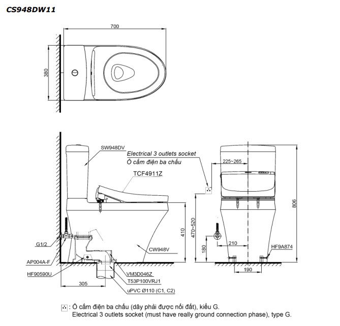 Bản vẽ kĩ thuật Bồn Cầu 2 Khối Nắp Rửa Điện Tử TOTO CS948DW11