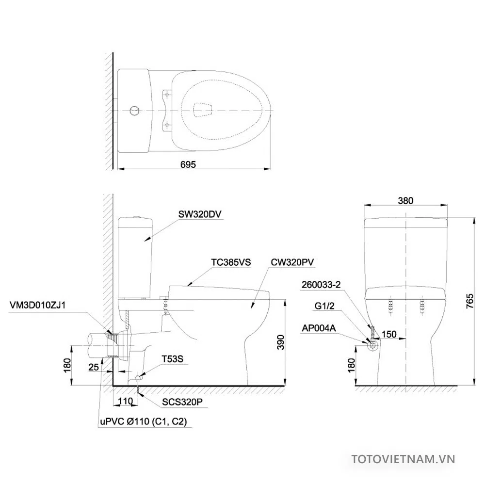 Bản vẽ kỹ thuật TOTO CS320PDRE4