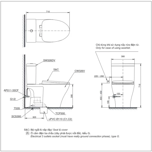 Bản vẽ kĩ thuật của Bồn cầu TOTO CS326DW14#XW