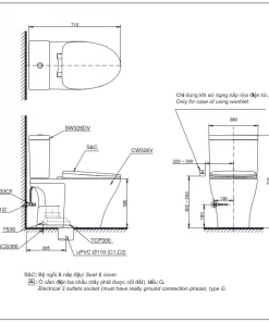 Bản vẽ kĩ thuật Bồn Cầu 2 Khối Nắp Rửa Điện Tử TOTO CS326DW16#XW