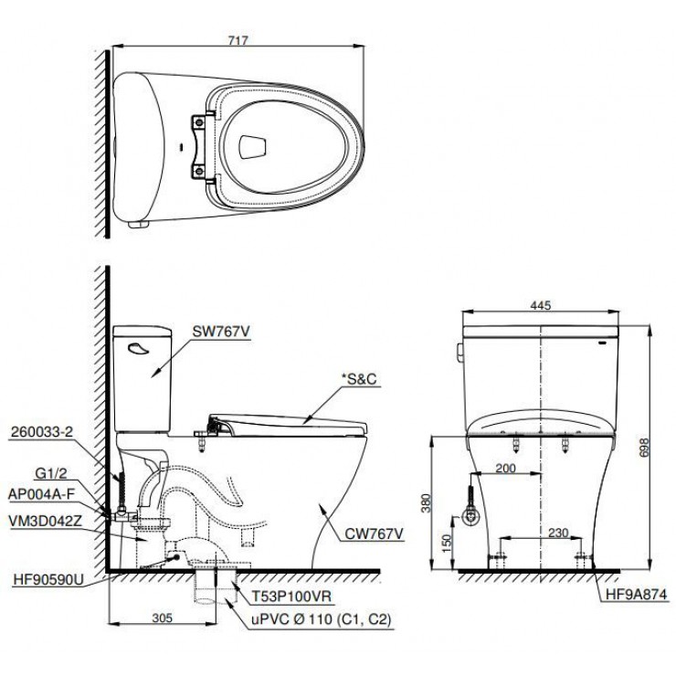 Bản vẽ kĩ thuật của bồn cầu 1 khối TOTO CS767RW16 nắp rửa điện tử