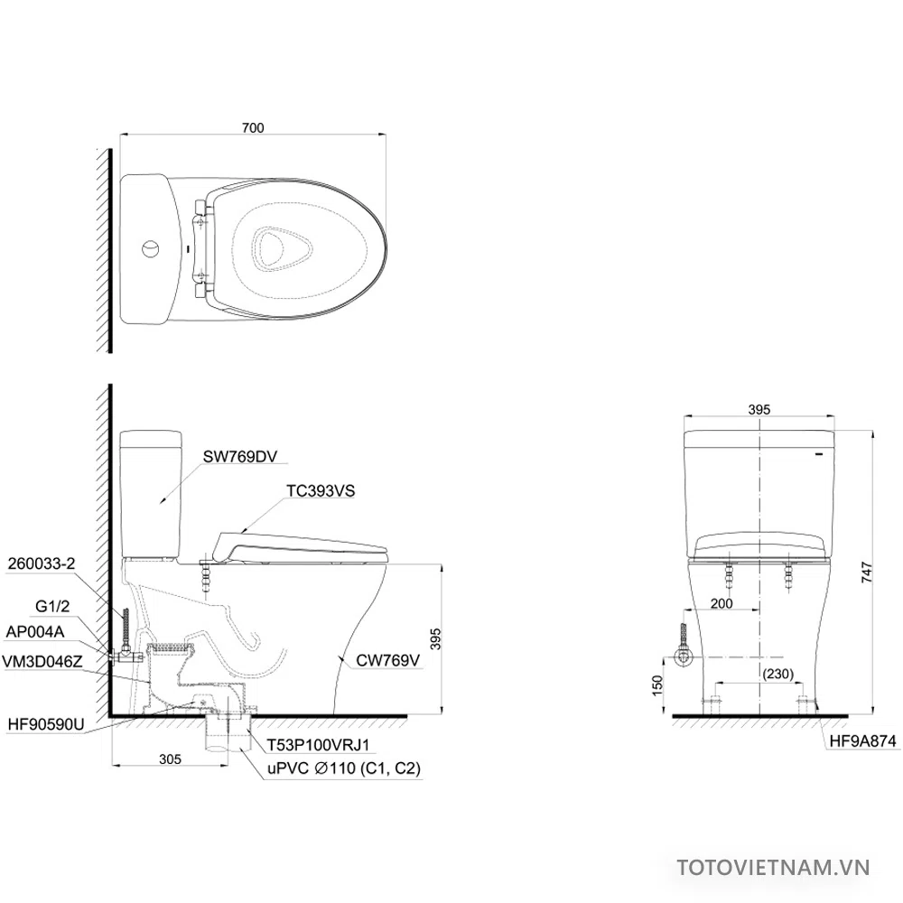 Bồn cầu 2 khối TOTO CS769DRE2#XW