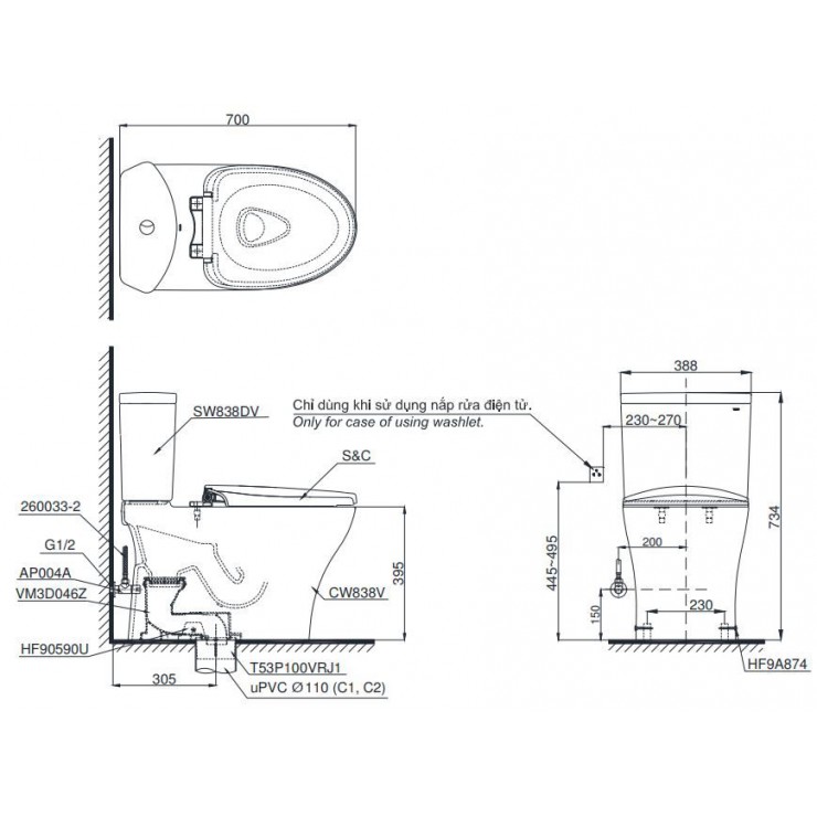 Bản vẽ kĩ thuật của bồn cầu 1 khối TOTO CS838DW16 nắp rửa điện tử