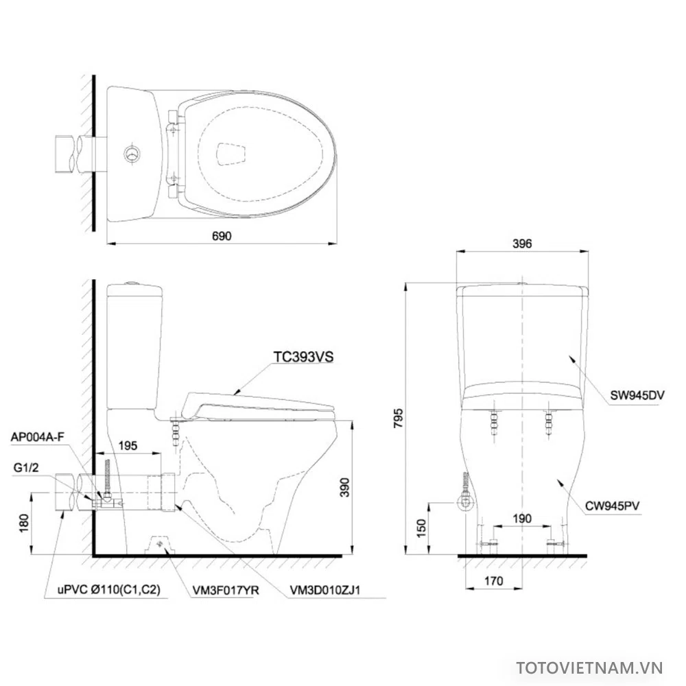 Bồn Cầu 2 Khối TOTO CS945PDE2#XW