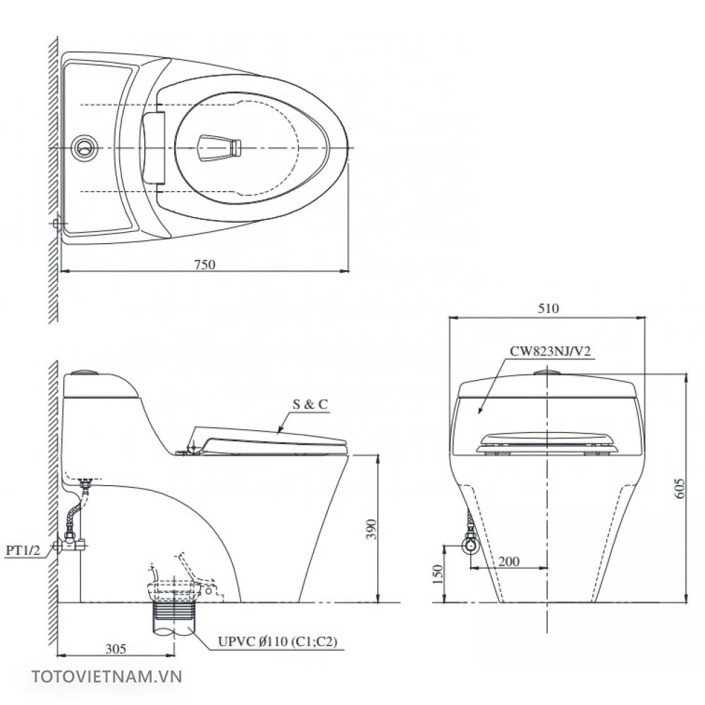 Bồn cầu 1 khối TOTO CW823RAE2#W