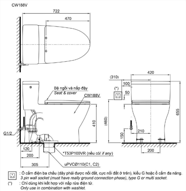 Bản vẽ kĩ thuật của bồn cầu TOTO MS188VKW14 - 1 khối, nắp rửa điện tử