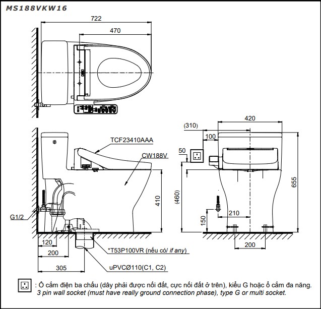 Bản vẽ kĩ thuật của bồn cầu 1 khối TOTO MS188VKW16 nắp rửa điện tử