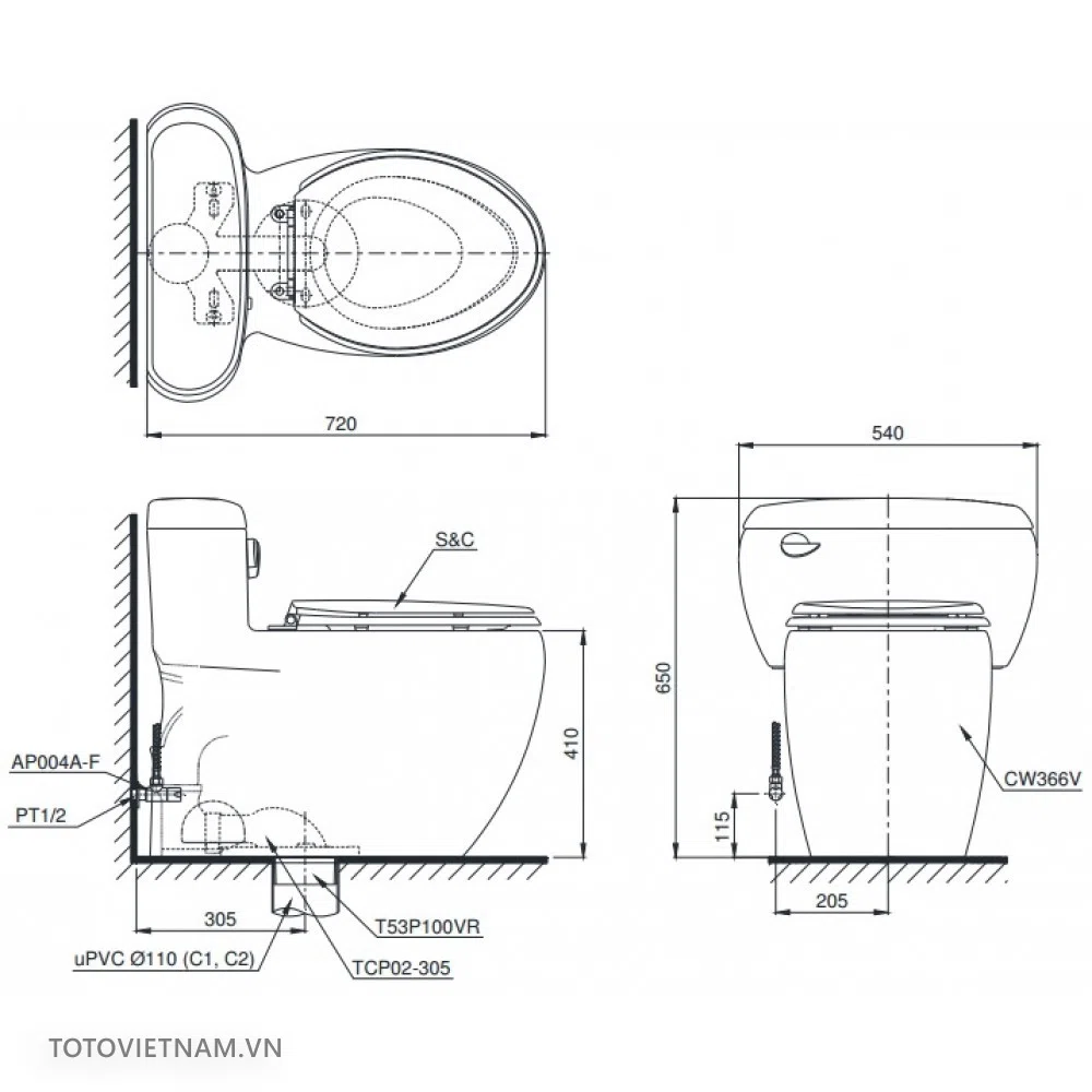 Bồn cầu 1 khối TOTO MS366W4