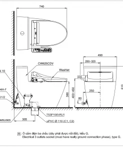 Bản vẽ kĩ thuật Bồn Cầu TOTO MS625CDW12#XW - Nắp Điện Tử