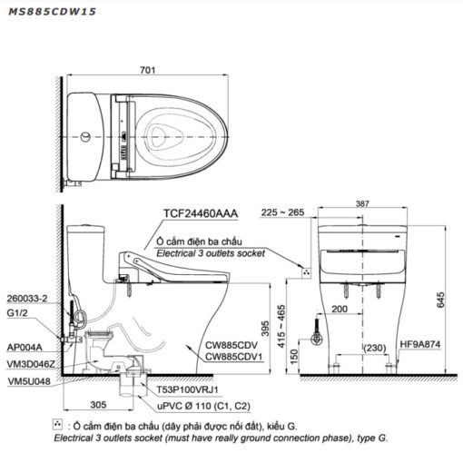 Bản vẽ kĩ thuật Bồn Cầu 1 Khối Nắp Rửa Điện Tử TOTO MS885CDW15#XW