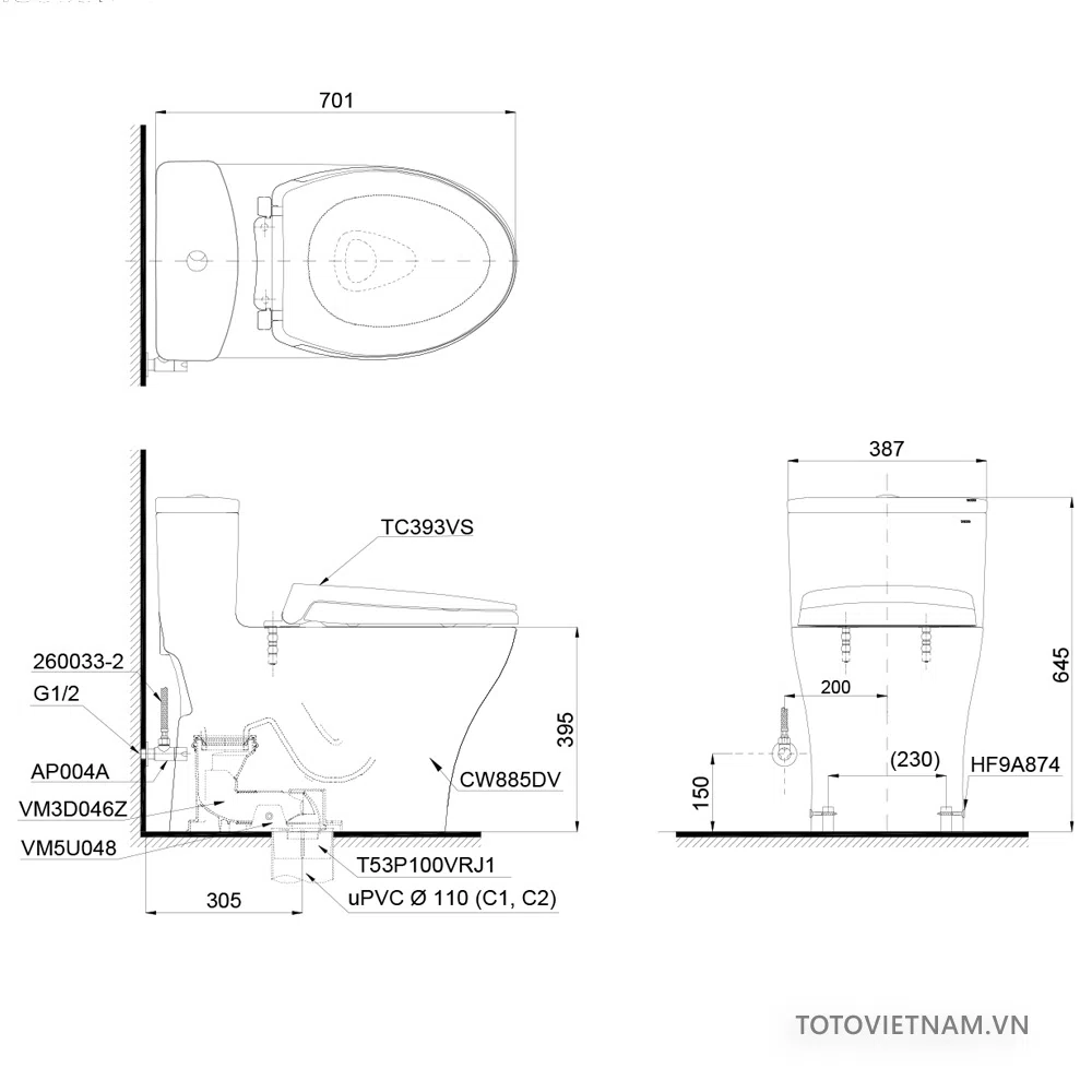 Bồn cầu 1 khối TOTO MS885DT2#XW, nắp đóng êm