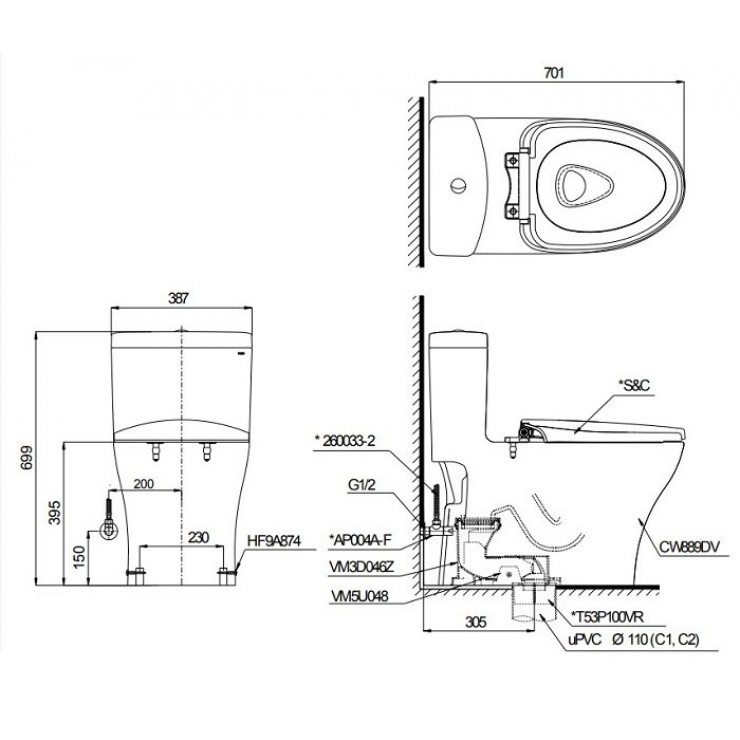 Bản vẽ kĩ thuật của bồn cầu TOTO MS889DRW14 - 1 khối, nắp rửa điện tử