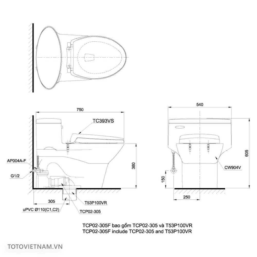 Bồn cầu 1 khối TOTO MS904E2#XW