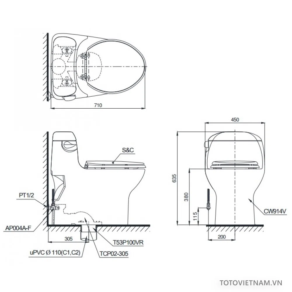 Bồn cầu 1 khối TOTO MS914T8, nắp đóng êm
