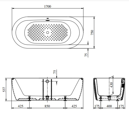Bản vẽ kỹ thuật của bồn tắm bằng gang TOTO FBYN1716CPTE