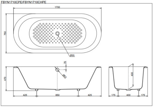 Bản vẽ kĩ thuật Bồn Tắm TOTO FBYN1710CPE/DB505R-3B