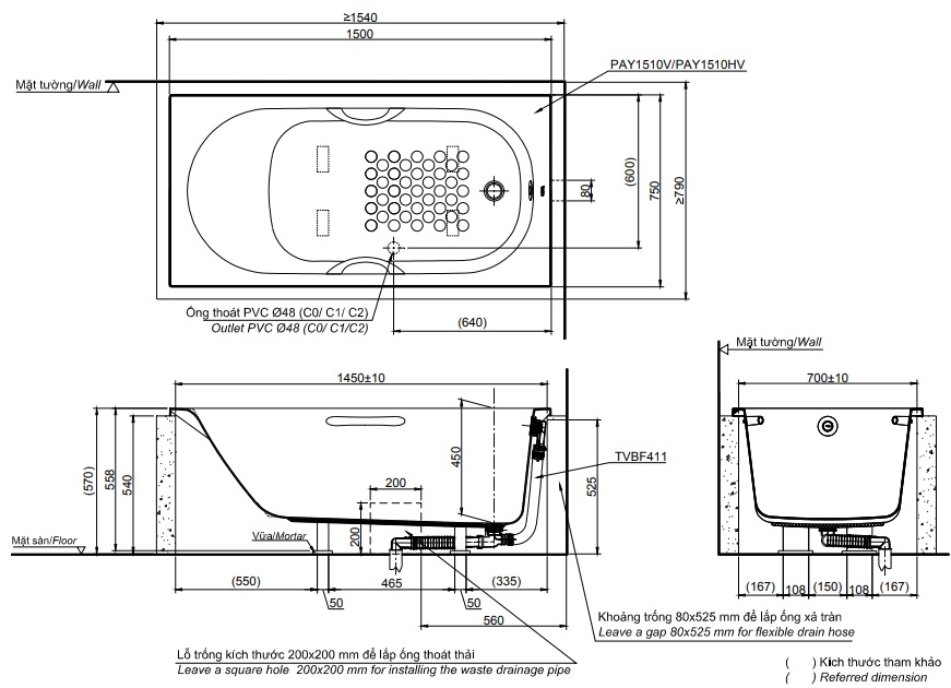 Bản vẽ kĩ thuật Bồn tắm xây TOTO PAY1710HV#W/TBVF411
