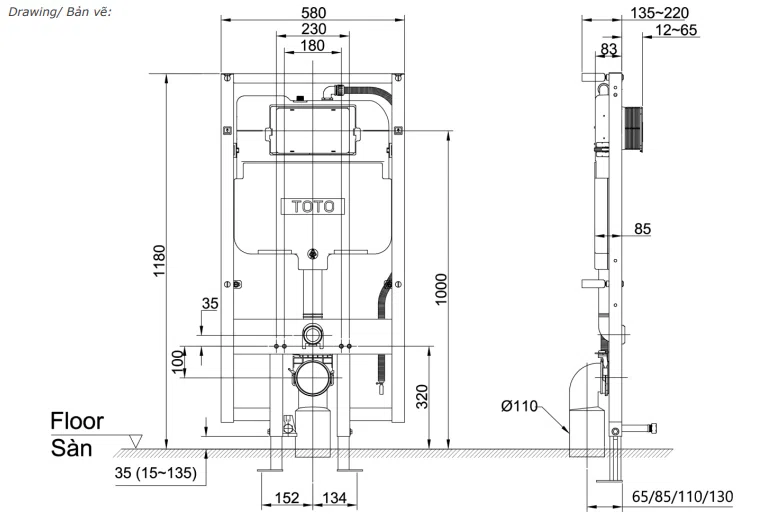 Bản vẽ kỹ thuật Két Nước Và Khung Âm Tường TOTO WH172AT (WH172AT)