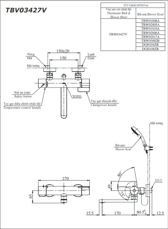 Bản vẽ kỹ thuật bộ sen tắm nhiệt độ toto TBV03427V/TBW01008A