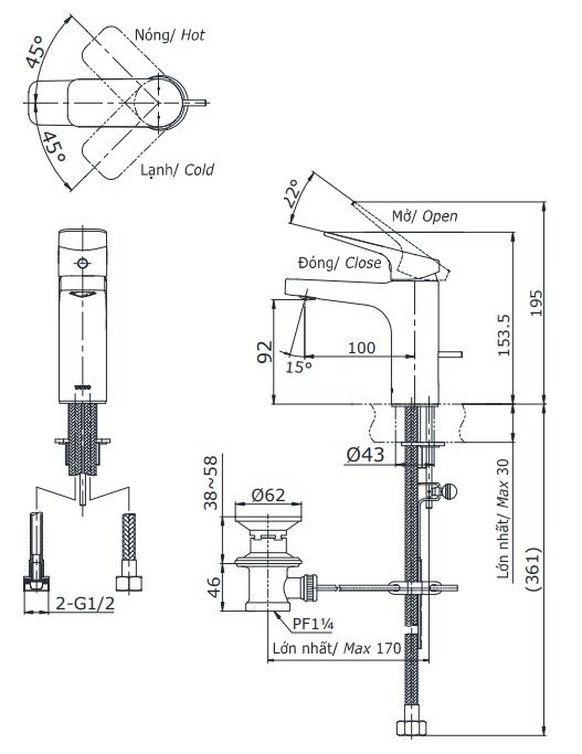 Bản vẽ kĩ thuật của Vòi chậu rửa mặt TOTO TTLR302F-1NR