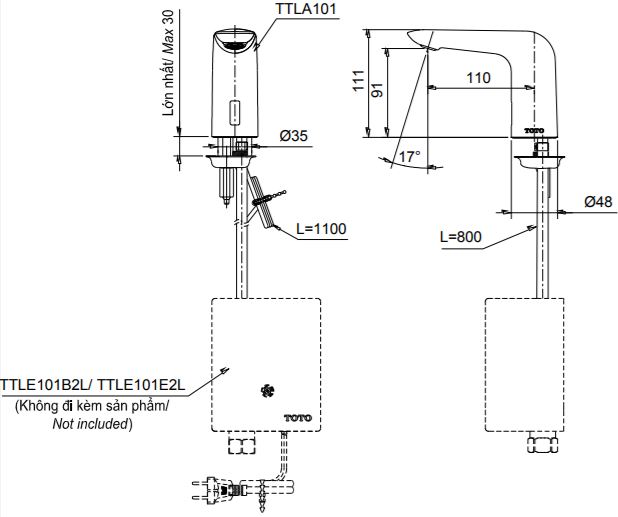 Bản vẽ kĩ thuật của Vòi Chậu Rửa Mặt TOTO TTLA101/TTLE101B2L/TVLF405