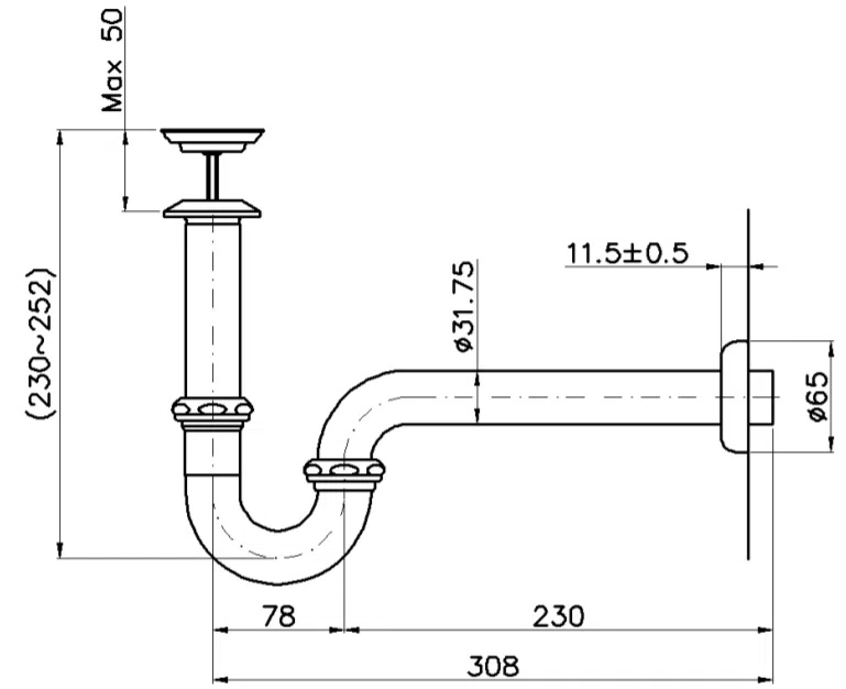 Bản vẽ kỹ thuật Cổ thoát nước kèm ống thải chữ P TOTO TX709AV6 (TX709AV6)