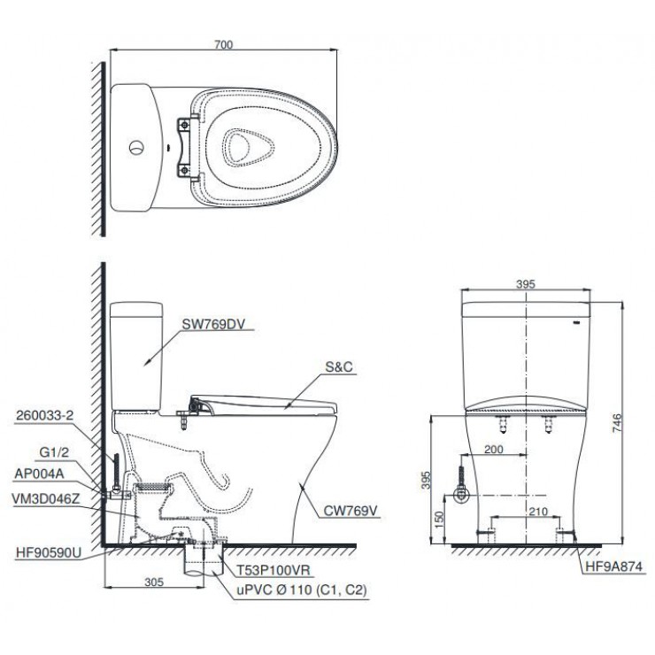 Bản vẽ kỹ thuật của bàn cầu TOTO CS769CDRW17