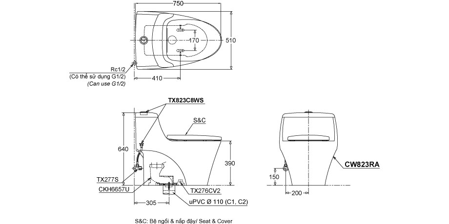 Bản vẽ kĩ thuật của Bồn Cầu Điện Tử TOTO CW823RAW11
