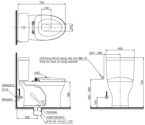 Bản vẽ kỹ thuật bồn cầu 2 khối  TOTO CS735DW14 nắp rửa điện tử
