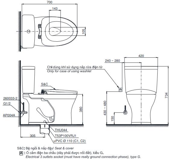 Bản vẽ kỹ thuật của bồn cầu 2 khối TOTO CS735DW6