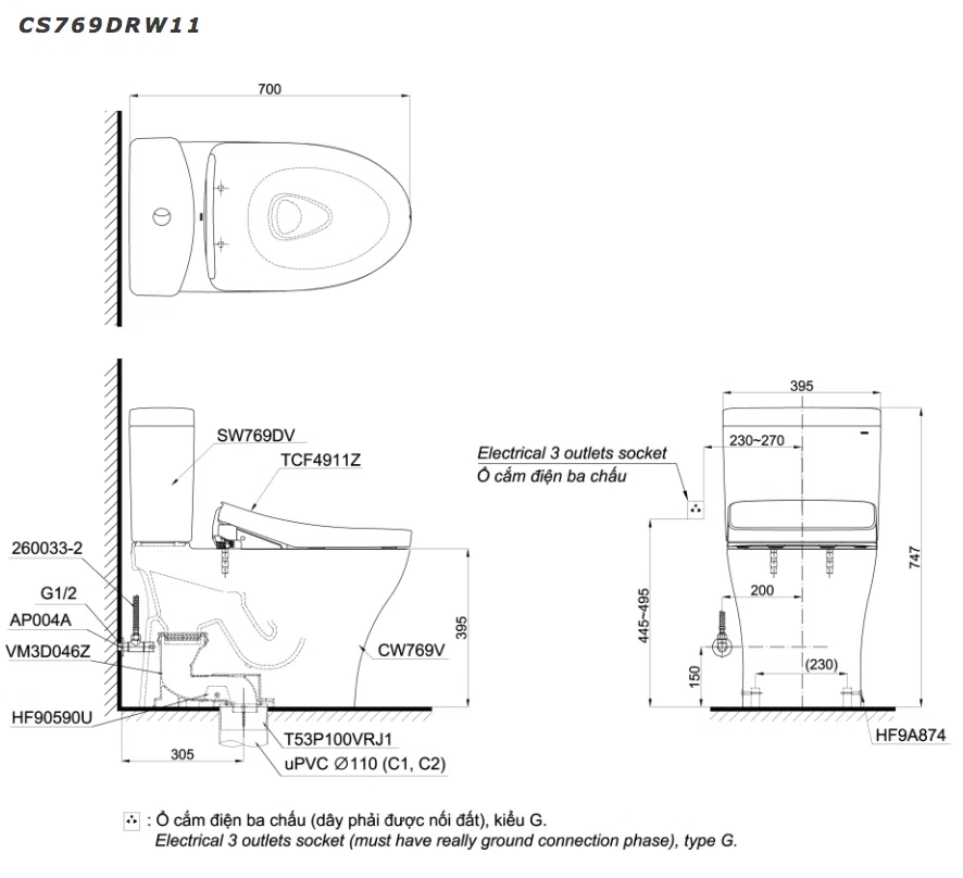Bồn cầu 2 khối TOTO CS769DW11 (CS769DRW11#XW) - nắp điện tử