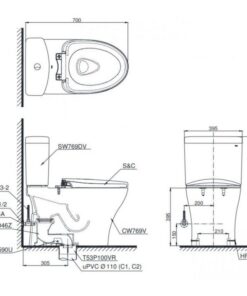 Bản vẽ kĩ thuật Bồn Cầu 2 Khối Nắp Rửa Điện Tử TOTO CS769DRW14#XW