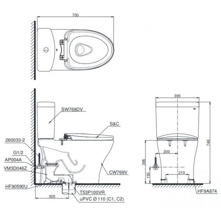 Bản vẽ kĩ thuật Bồn Cầu 2 Khối Nắp Rửa Điện Tử TOTO CS769DRW14#XW
