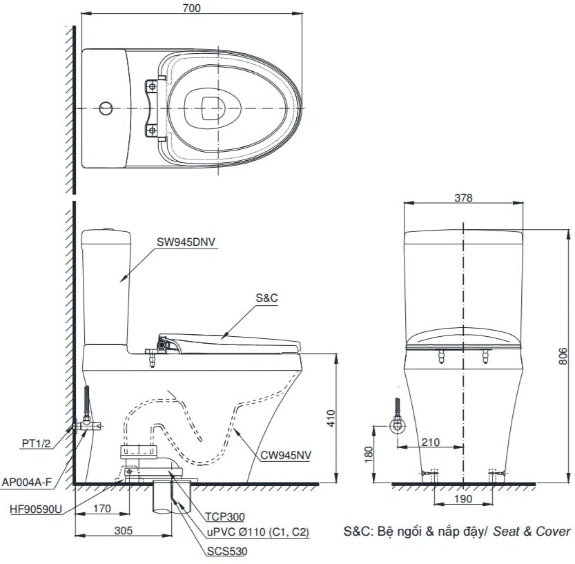 Bồn cầu TOTO CS948DT2#XW (CS948DT2) – Nắp êm 2 khối