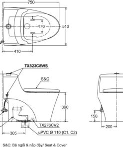 Bản vẽ kĩ thuật của Bồn Cầu 1 Khối Nắp Rửa Điện Tử TOTO CW823RAW11#W/T53P100VR